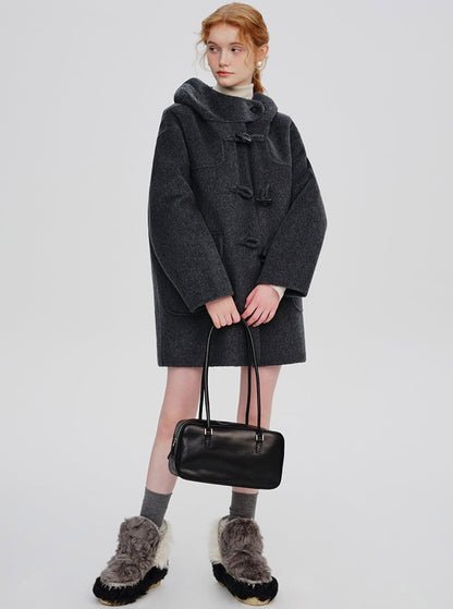 WOOL HOODED HORN-BUTTONED TWEED COAT