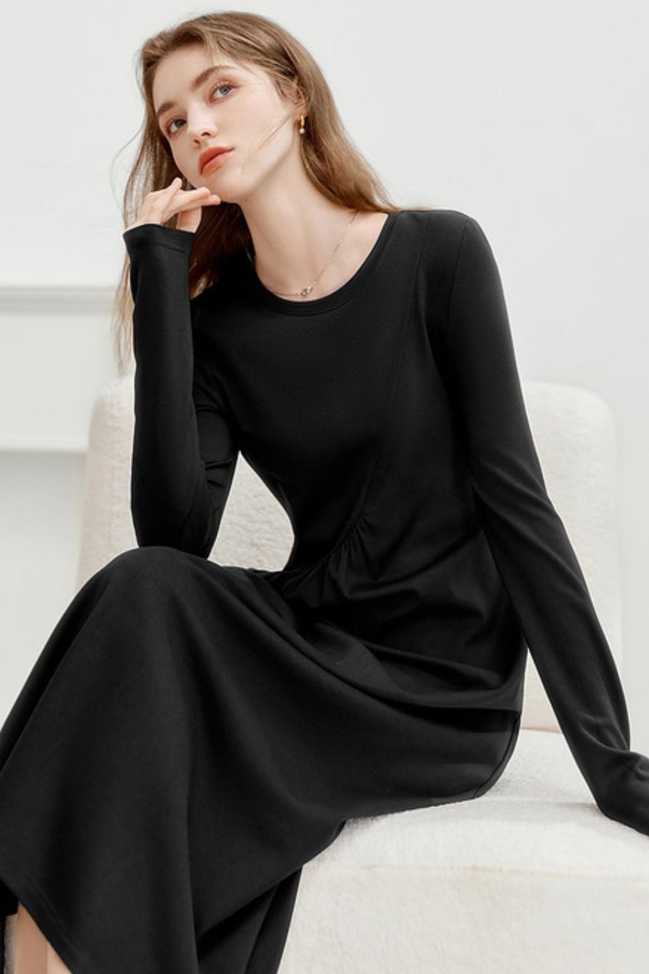 MEETLADY DESIGN SENSE SLIM BLACK LONG SLEEVE DRESS WOMEN'S FALL 2024 NEW TEMPERAMENT SLIM LITTLE BLACK DRESS