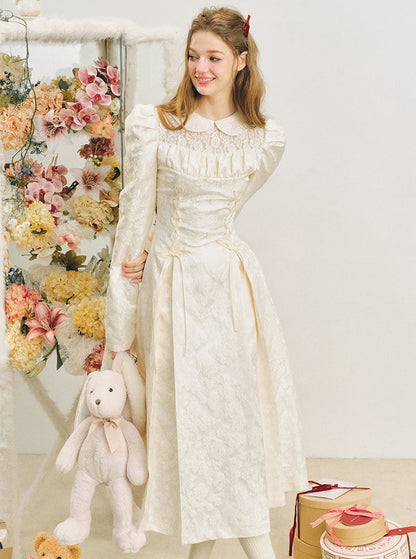 Snow puff sleeve jacquard lace-up dress