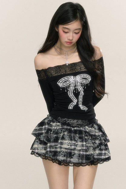 Paris Lace One-Shoulder Long-Sleeve T-Shirt