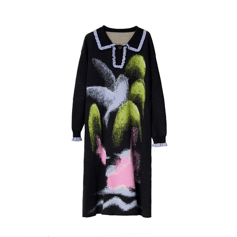 landscape bird polo knit dress