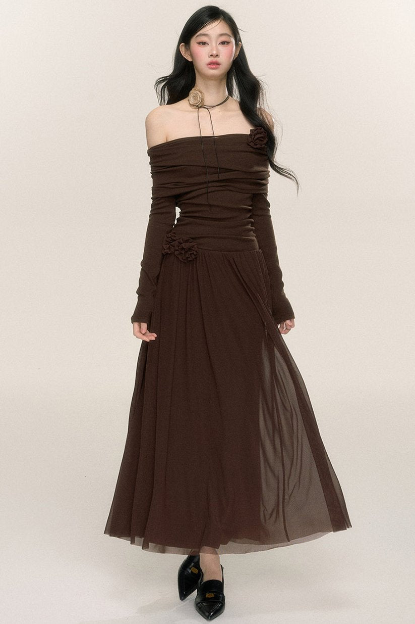 Long-Sleeve One-Shoulder Maxi Dress