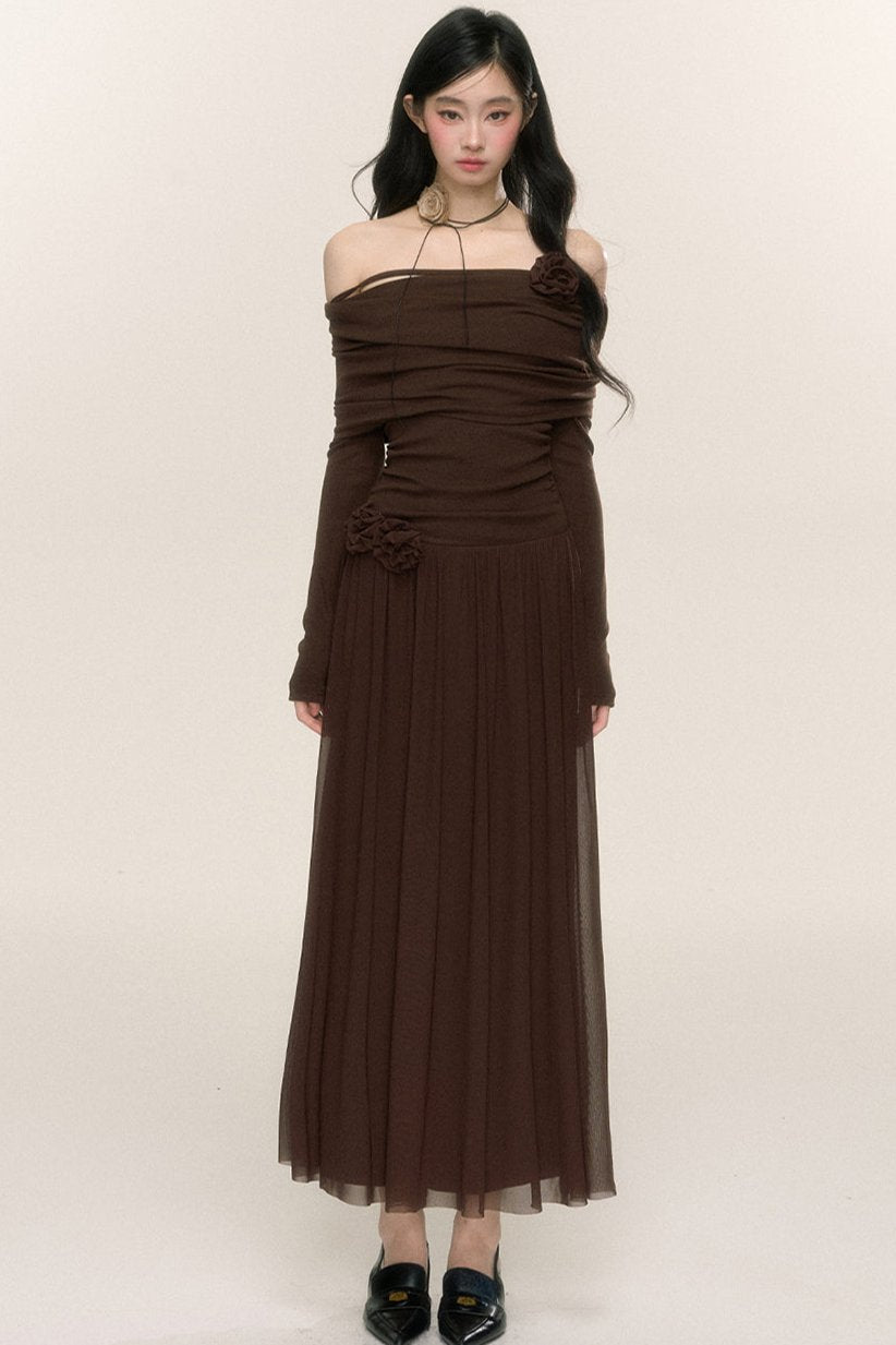 Long-Sleeve One-Shoulder Maxi Dress