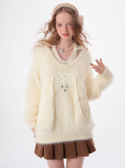 American retro loose fur dog V-neck sweater