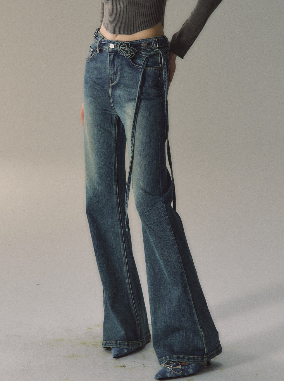 Vintage Flared Belt Jeans Hosen