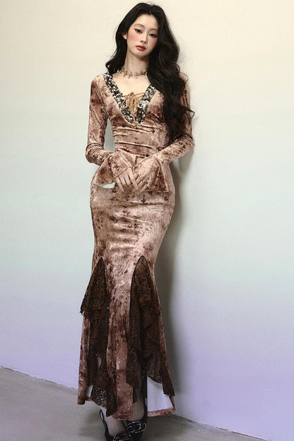 Deep V Mermaid Lace Dress