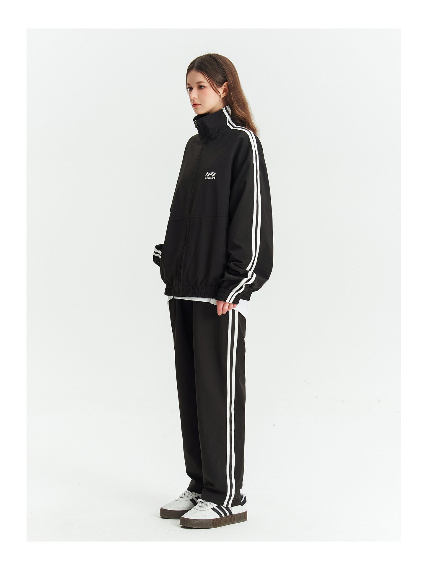 Stand up collar striped track jacket