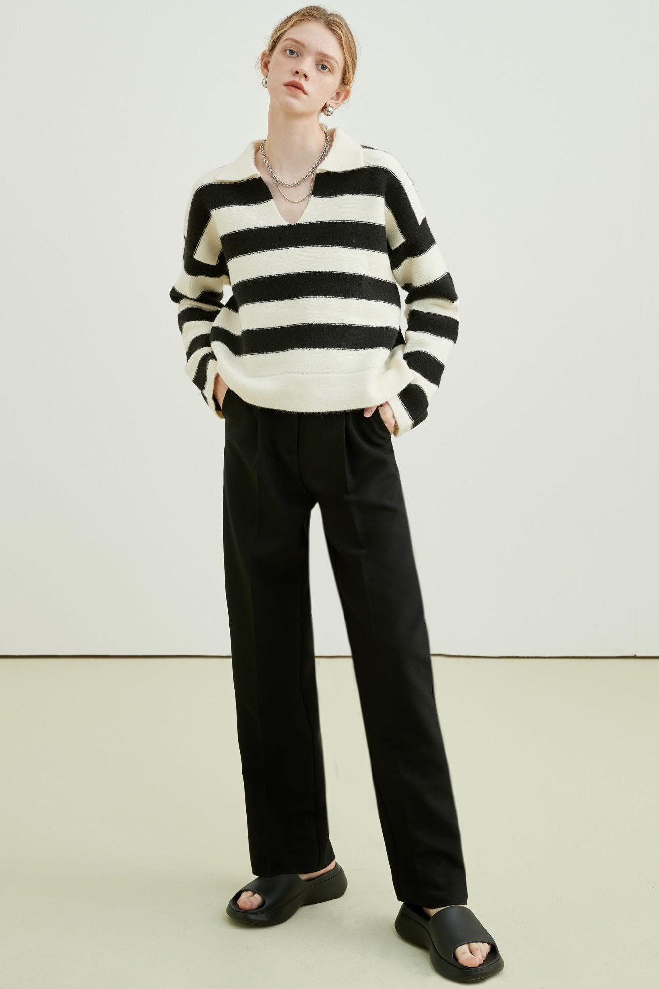 VEGA CHANG Sweater Women's Fall 2024 New Lazy Premium Polo Collar College Style Striped Knit