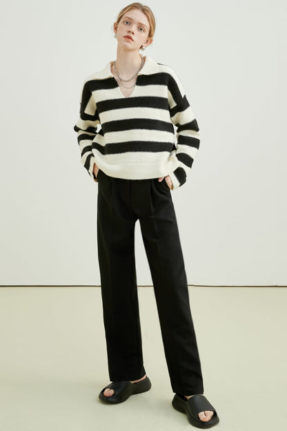 Striped Polo Collar Knit Sweater