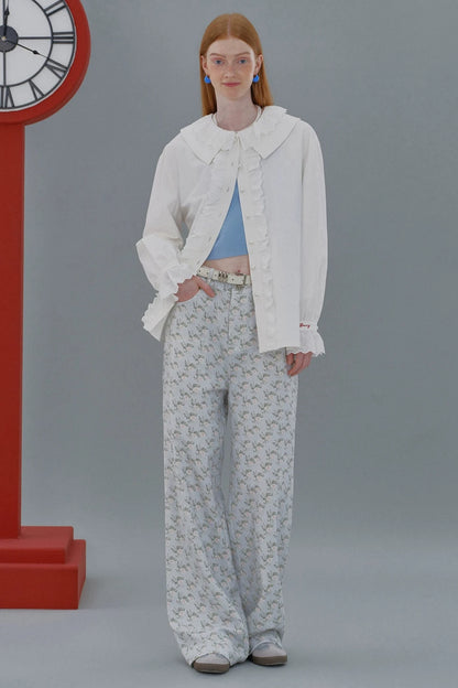 WhyBerry 24AW "Cream Rose" Aqua Blue Rose Floral Hose