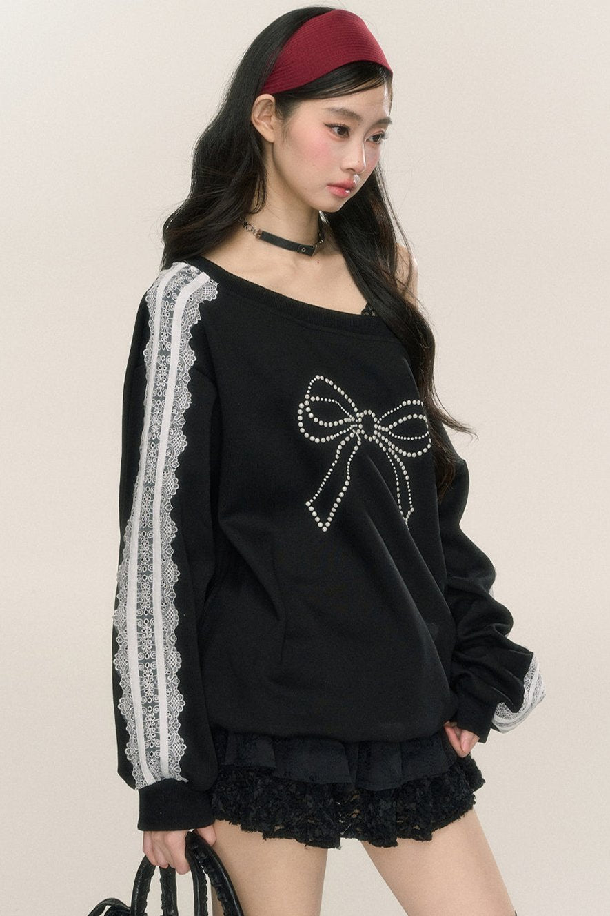 Less eyes [September 26 um 20 Uhr im Verkauf] Less eyes bow fantasy loose slanted shoulder sweatshirt women's early autumn