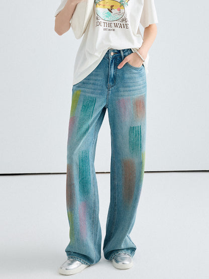 Smudge Design Straight Wide-Leg Long Pants