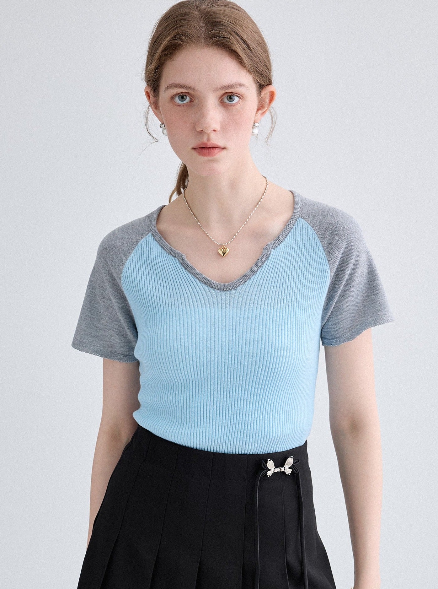 Raglan Sleeve French Knit T-Shirt And Skirt Set-Up