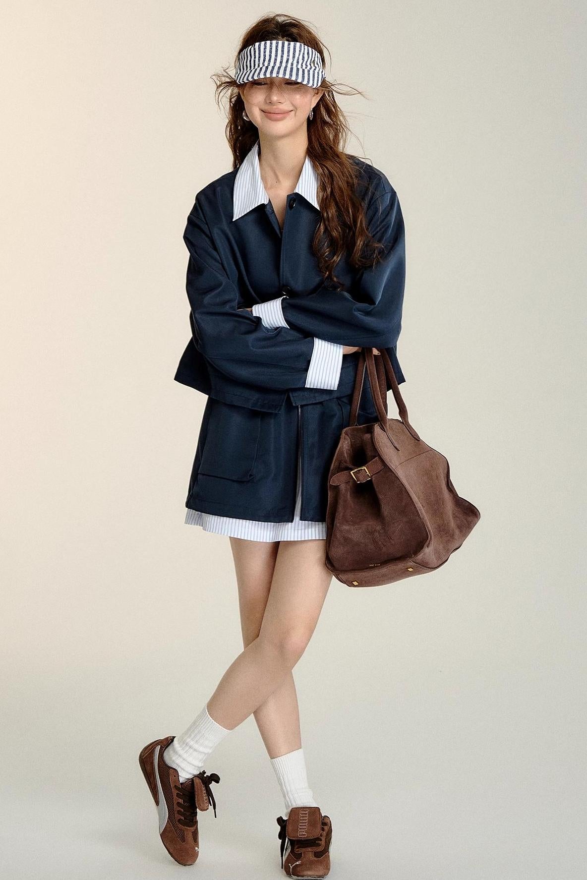 Patchwork Striped Trench Coat Skirt Set-Up