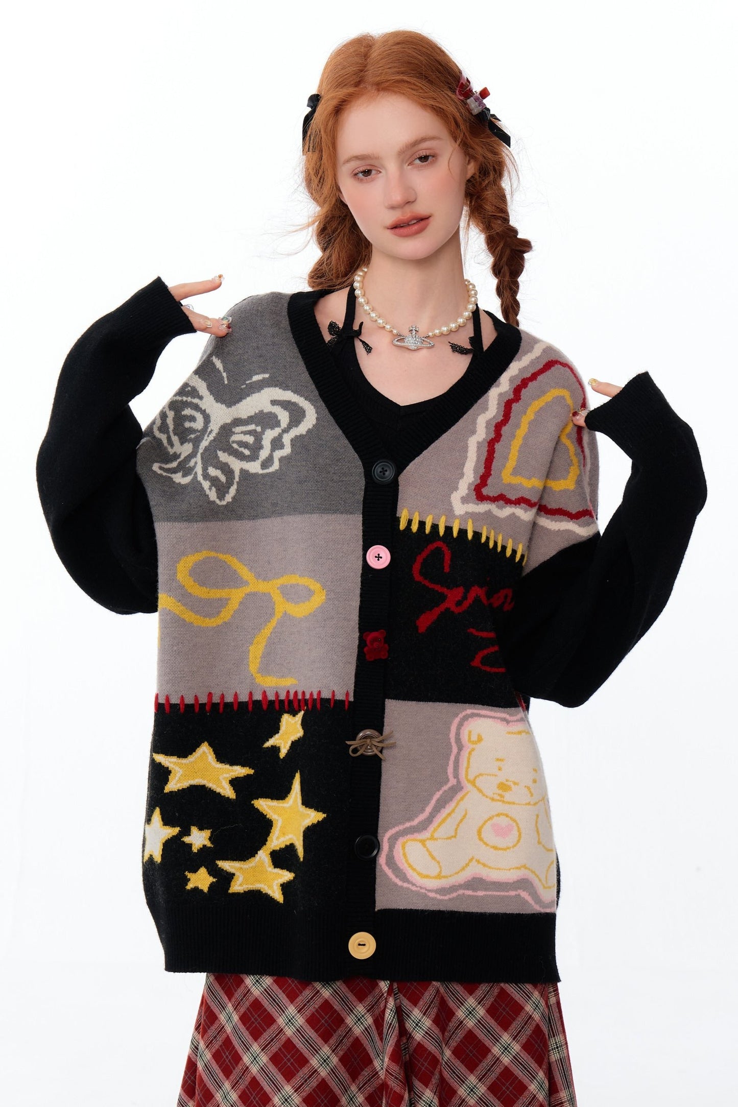 Graffiti Contrast V-NECK CARDIGAN