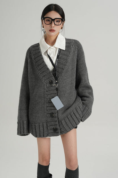 Grey Long-Sleeve Knit Cardigan