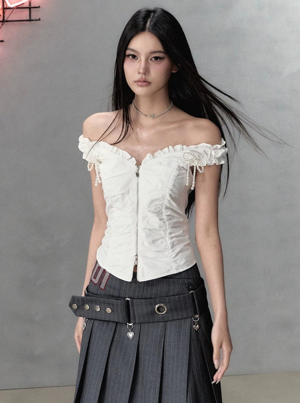 Pleated Pearl Ribbon V-Neck Blouse Top