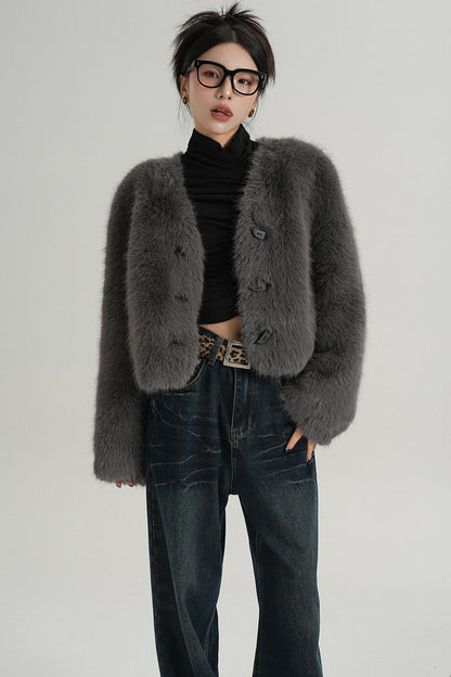 High-End Gray Eco-Friendly Fur Coat