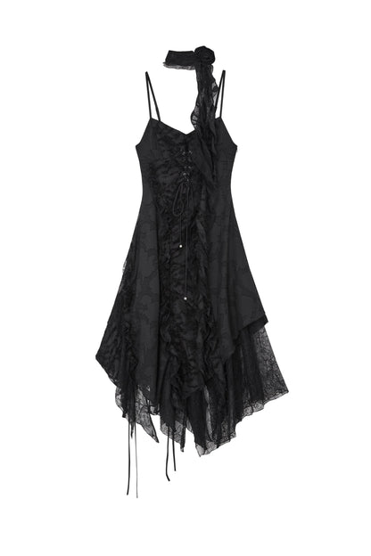 [OfAkiva "Ausgewählte Gedichte von Rambo" Flower Shadow Gap Lace Patchwork Wabi-Sabi Drawstring Dress