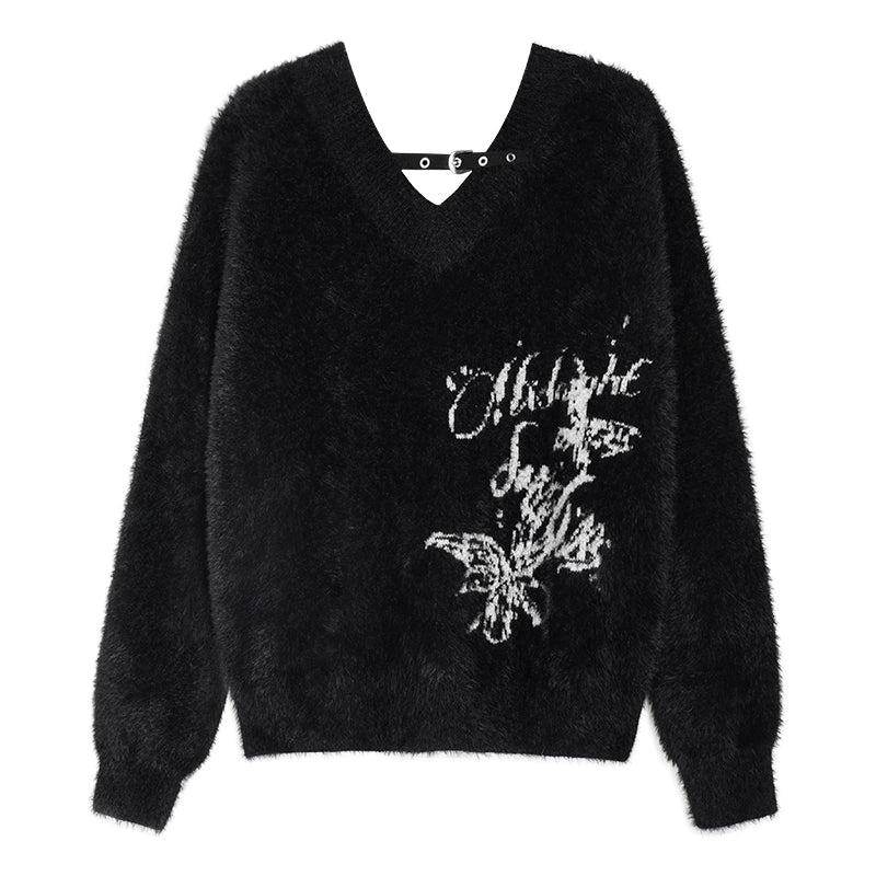 Black V-Neck Jacquard Mink Sweater