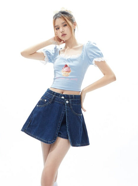 Denim Apron Shorts Two Piece Set