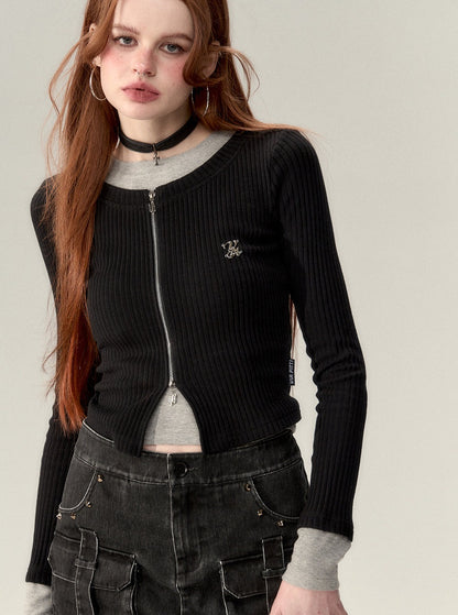 Cropped fake two-piece zipper knit top