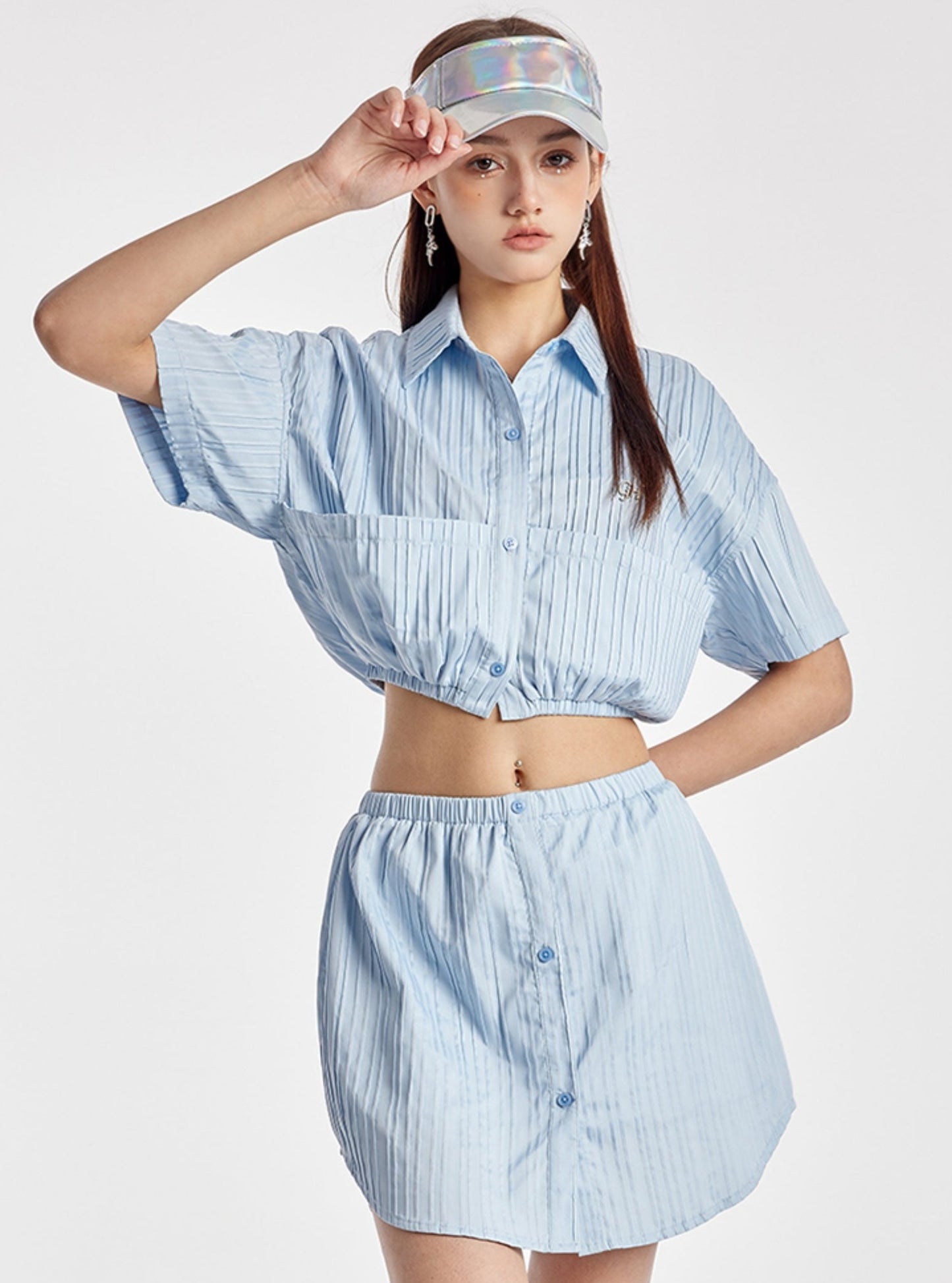 Sky Blue Elasticated Crop Shirt With Simple Skirt Set-Up