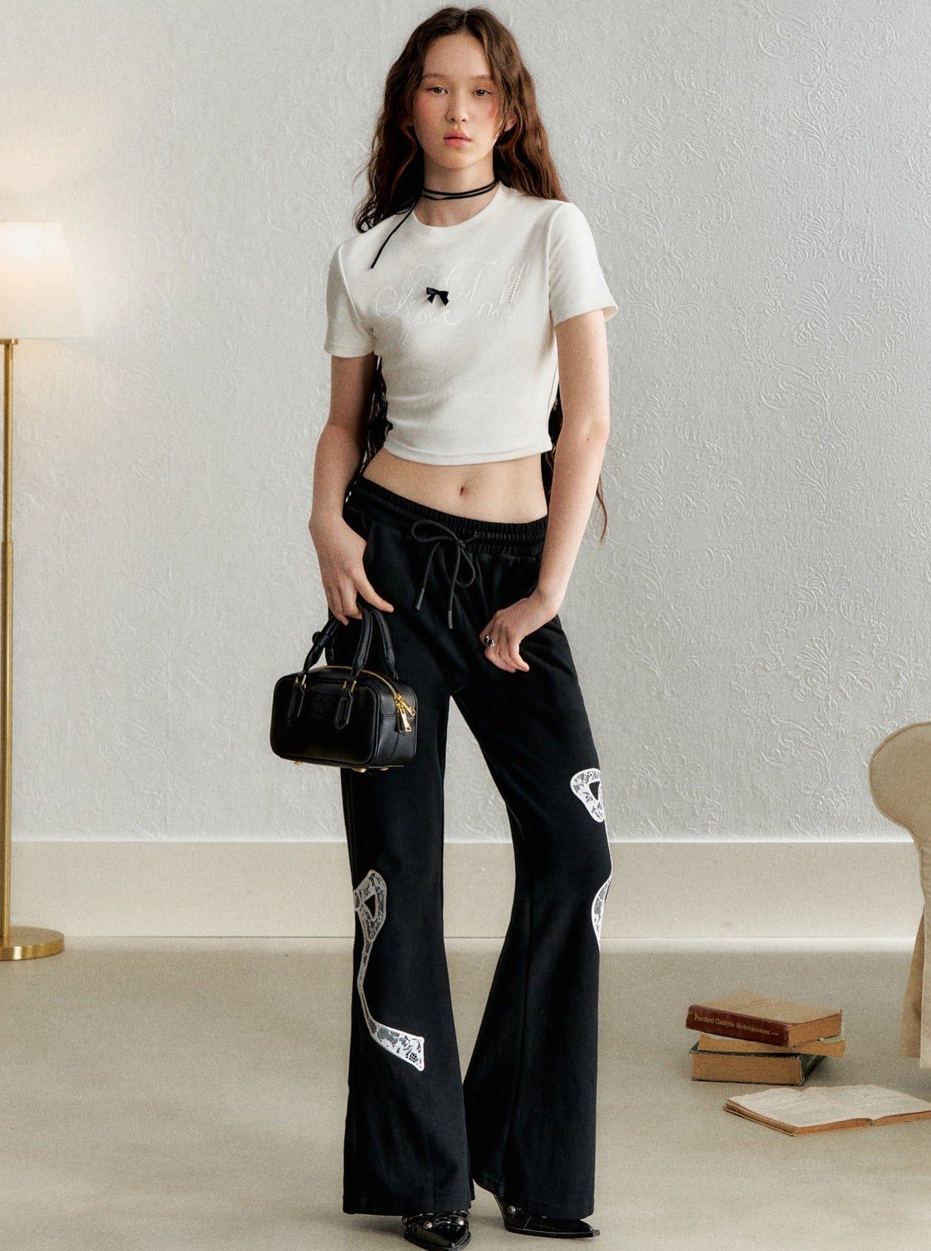 Retro Bow Appliqué Trousers