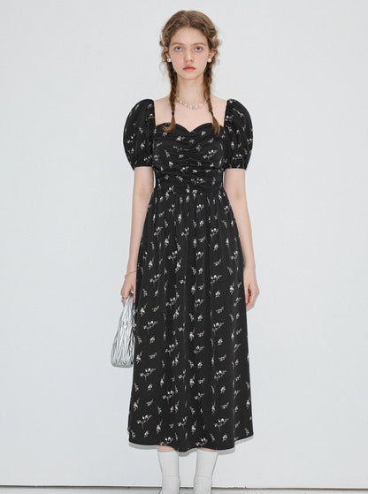 Puff Sleeve Slim French Black Flowers Maxi Dress