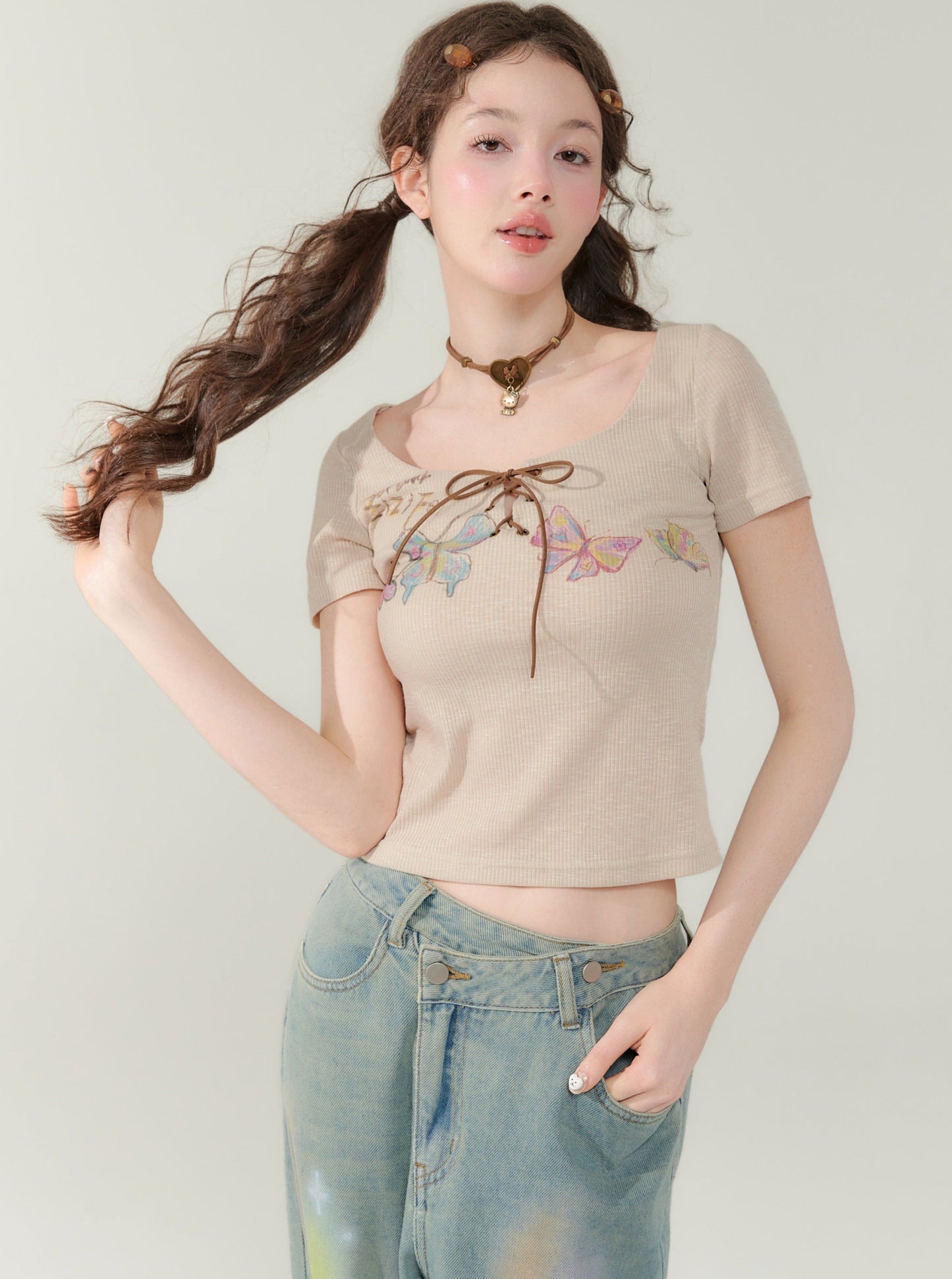 Butterfly Print Scoop Neck Top