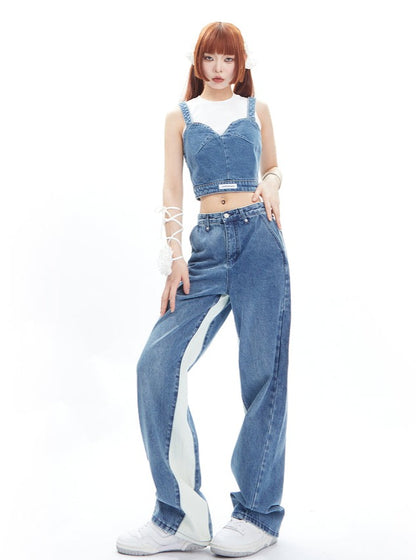 Strap Tank Top Denim Pants Two Piece Set