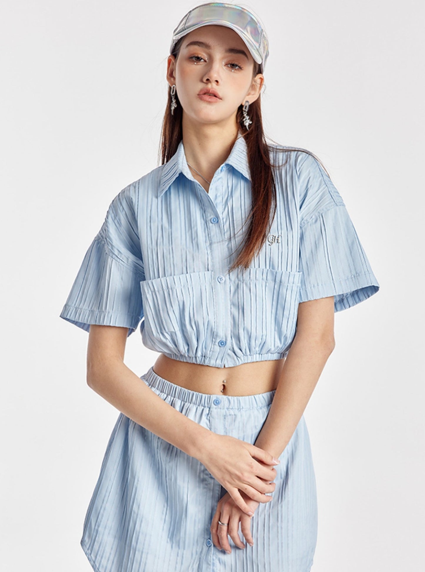 Sky Blue Elasticated Crop Shirt With Simple Skirt Set-Up