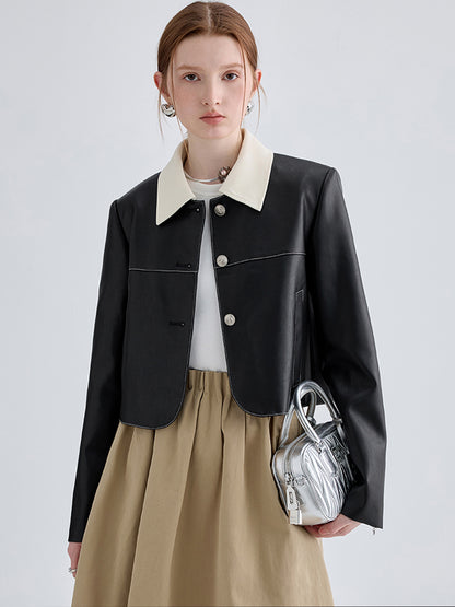 Retro color-blocked lapel short leather jacket