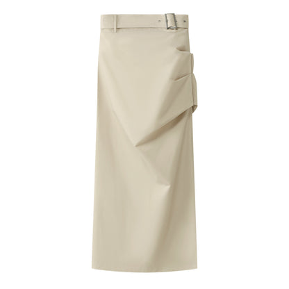 Shirred satin long pleated skirt