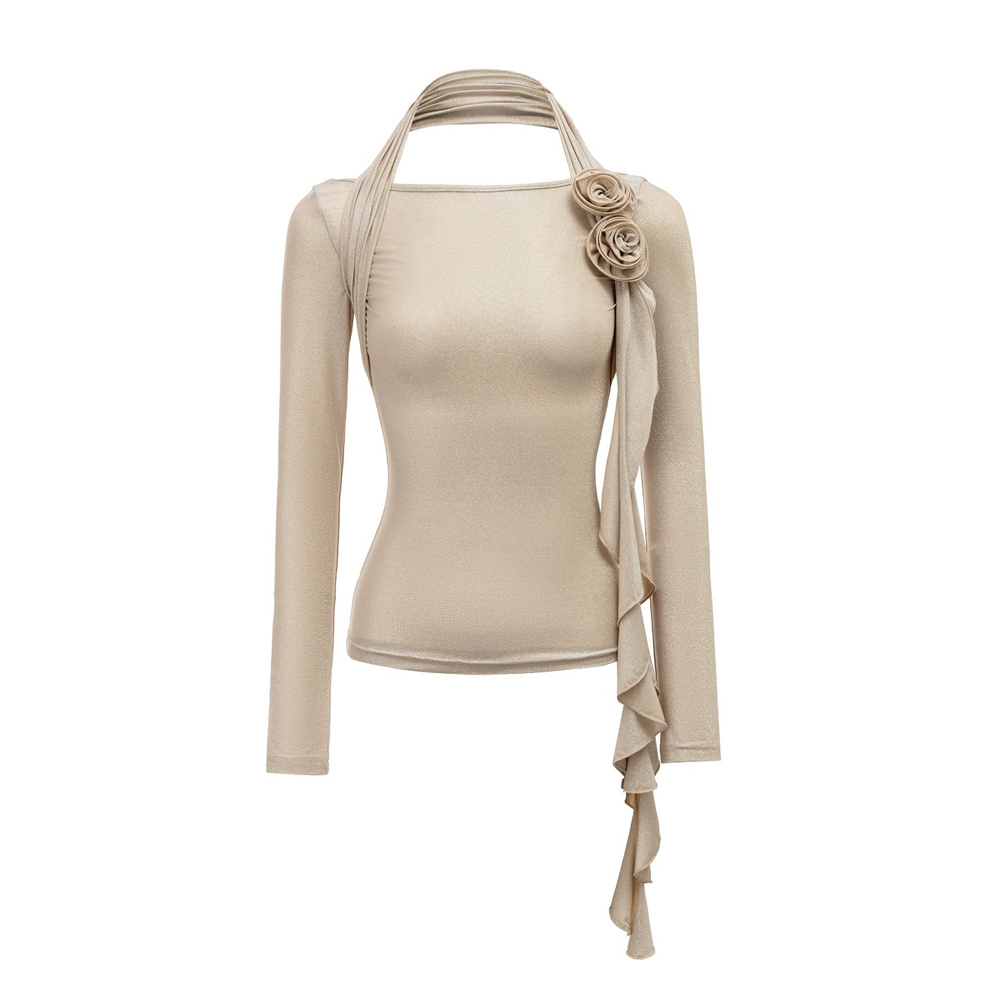 Entanglement Mesh Flower Pleated Off-the-Shoulder T-Shirt