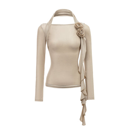 Entanglement Mesh Flower Pleated Off-the-Shoulder T-Shirt