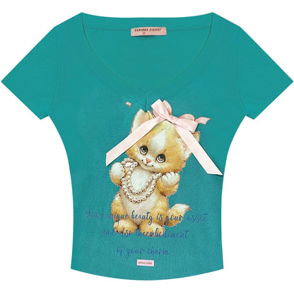 Cat Print V-Neck T-Shirt