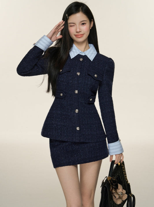College Style Fake Two Jacket Skirt Set