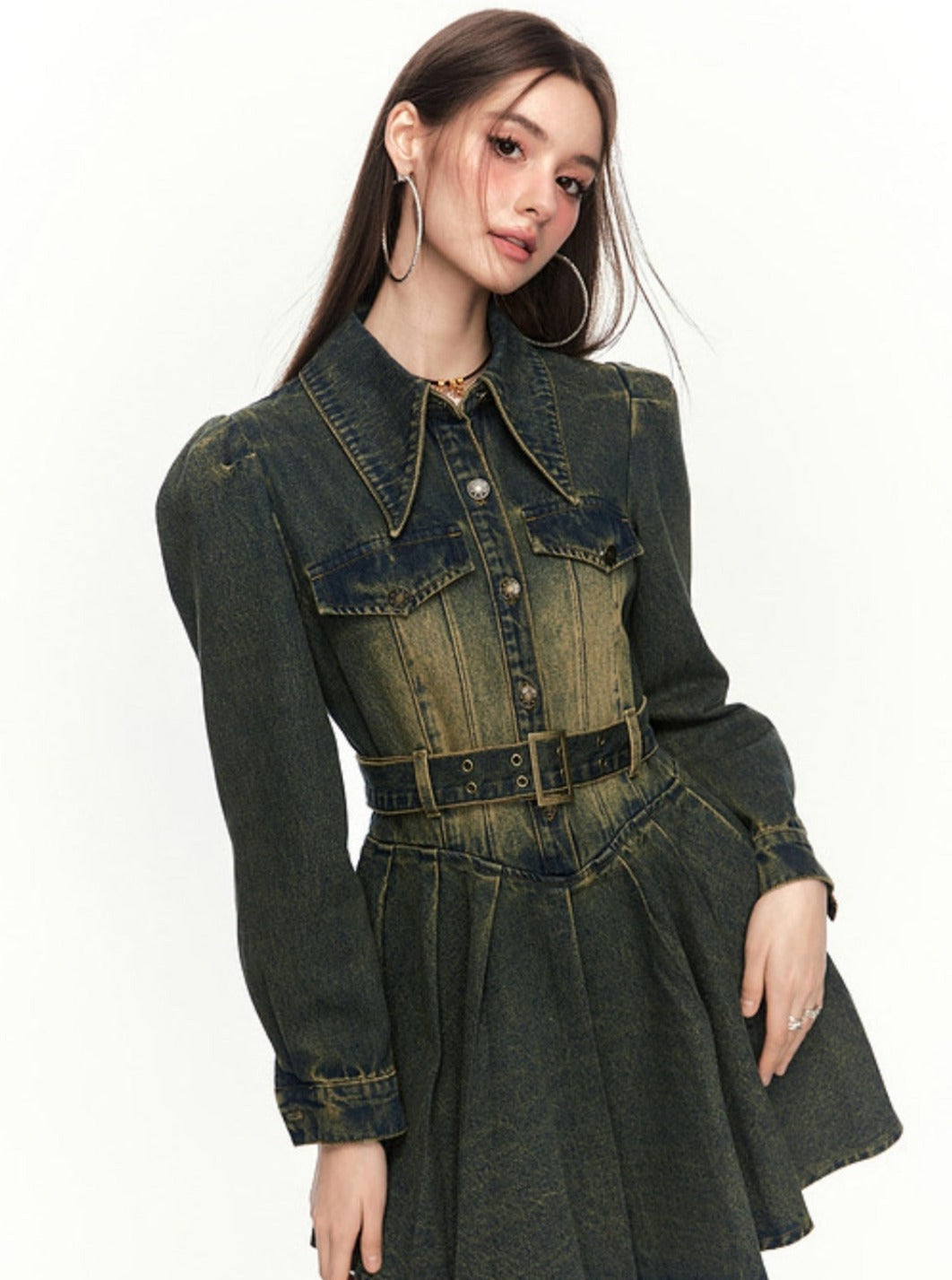 Retro Gradient Bubble Sleeve Denim Kleid