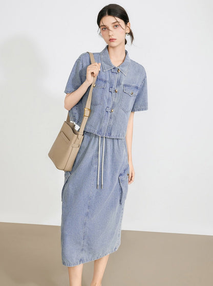 Chinese Denim Shirt Skirt Set