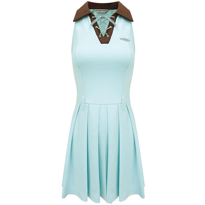 Polo Collar Lace-Up Pleated Dress