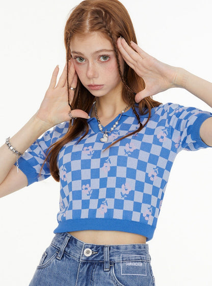 Blue Checkerboard Short Sleeve Polo Shirt