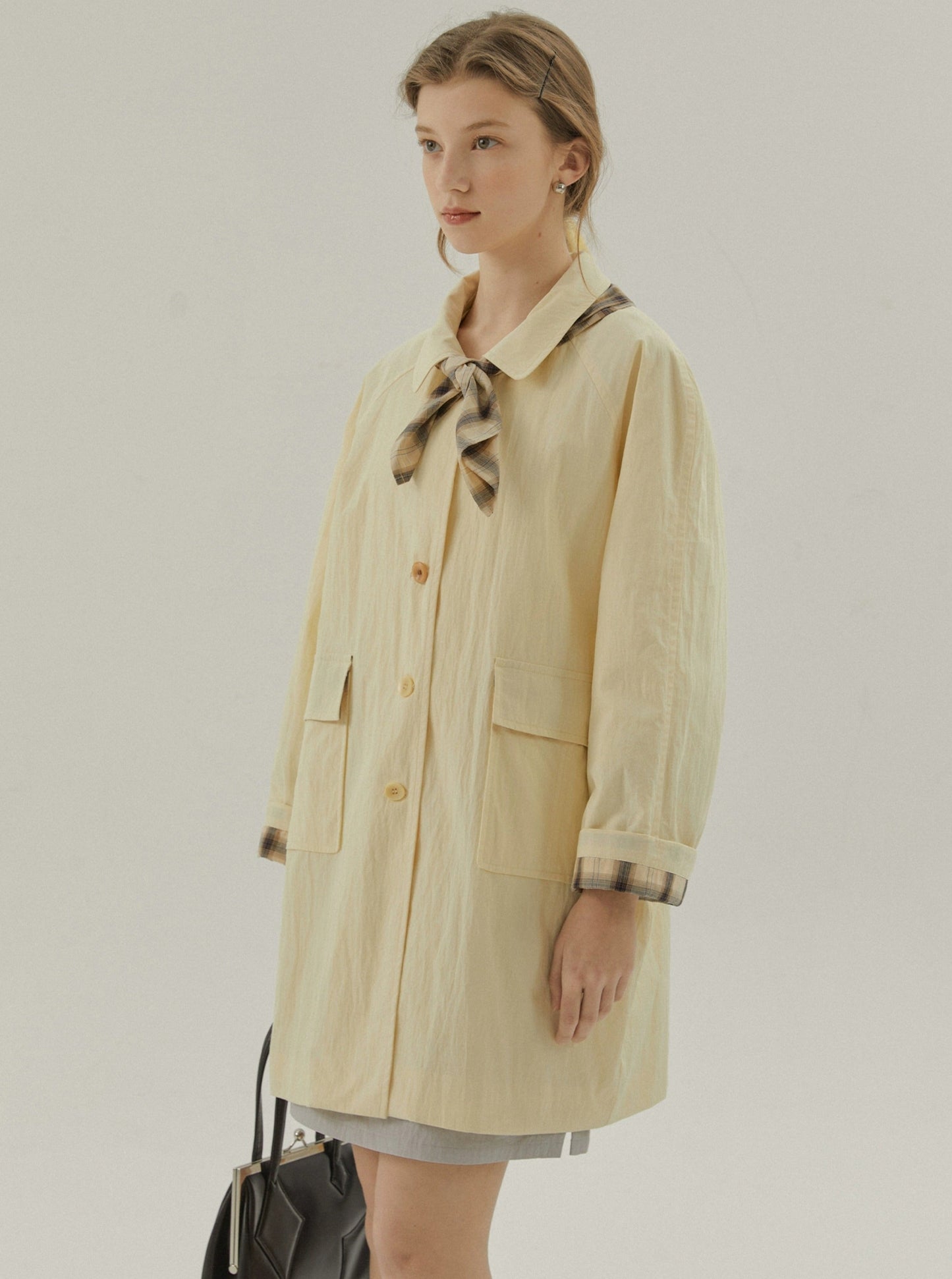 Wrinkled Plaid Patchwork Trench Coat