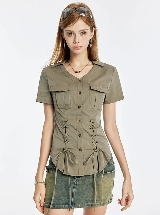 V-Neck Strappy Short Sleeve Shirt