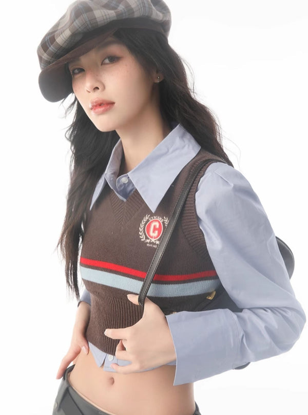 Retro Preppy Striped Knit Vest With Shirt Set-Up