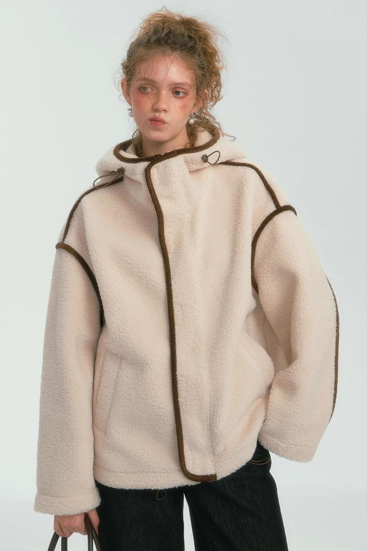 Contrast Piping Fleece Coat