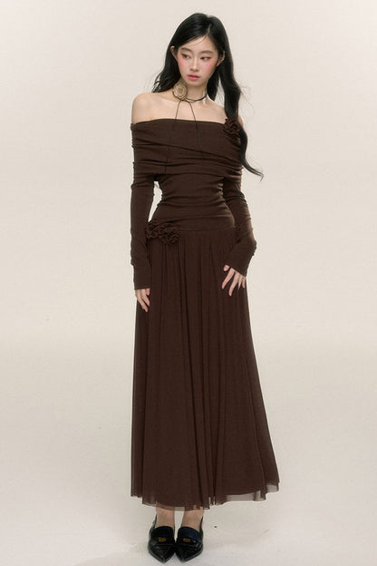 Long-Sleeve One-Shoulder Maxi Dress