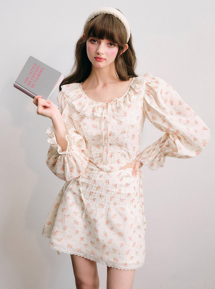 Floral long-sleeved shirt and skirt Set-up