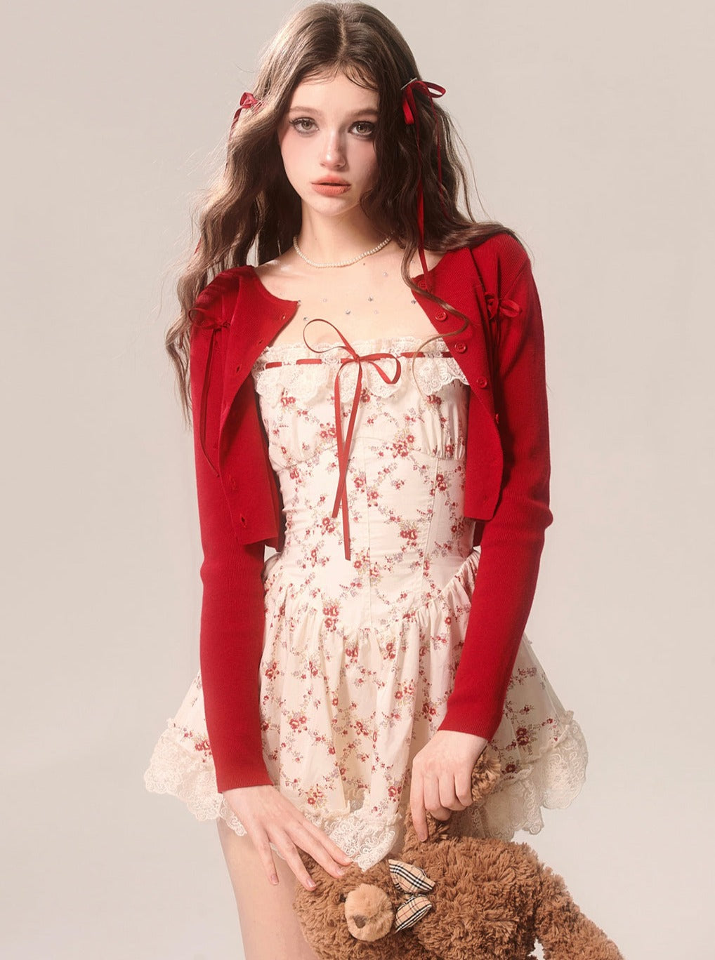 Red Cardigan With Summer Lace Puffy Dress Set-Up