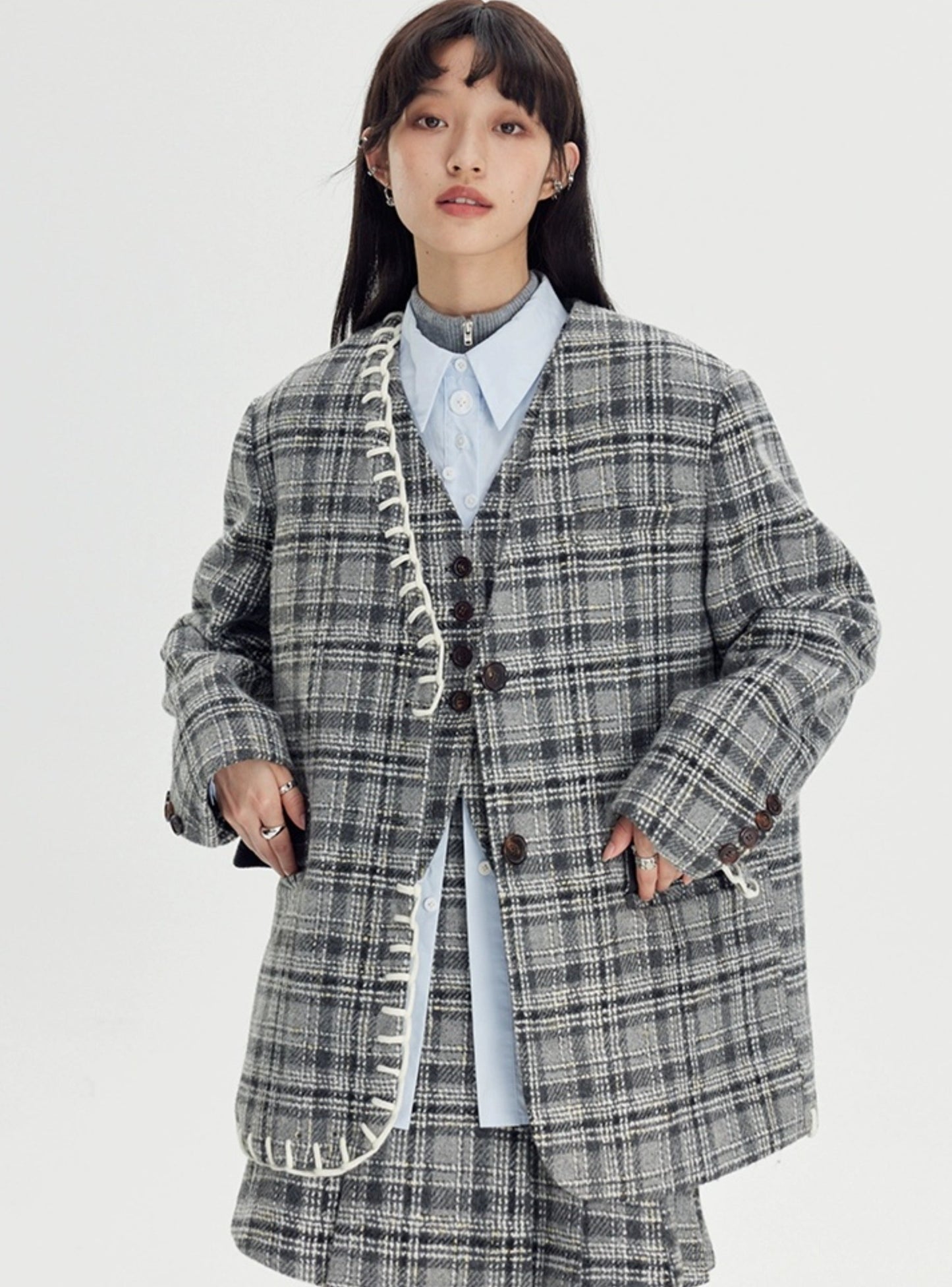 Plaid pleated small coat with skirt set